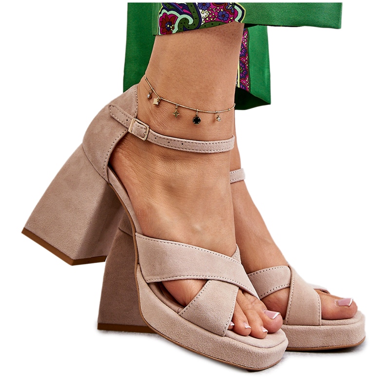 Lewski Shoes Dámské semišové sandály s podpatky levé boty 3221 béžová hnědý Lewski Shoes Dámské semišové sandály s podpatky levé boty 3221 béžová hnědý