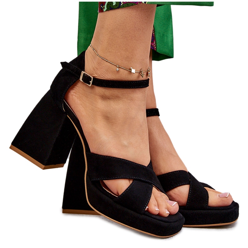 Lewski Shoes Dámské semišové sandály na vysokém podpatku Leski Boty 3221 Black černá