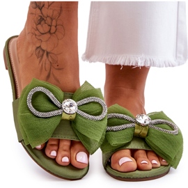 PS1 Dámské pantofle s mašlí a kamínky Zelená Jolene PS1 Dámské pantofle s mašlí a kamínky Zelená Jolene