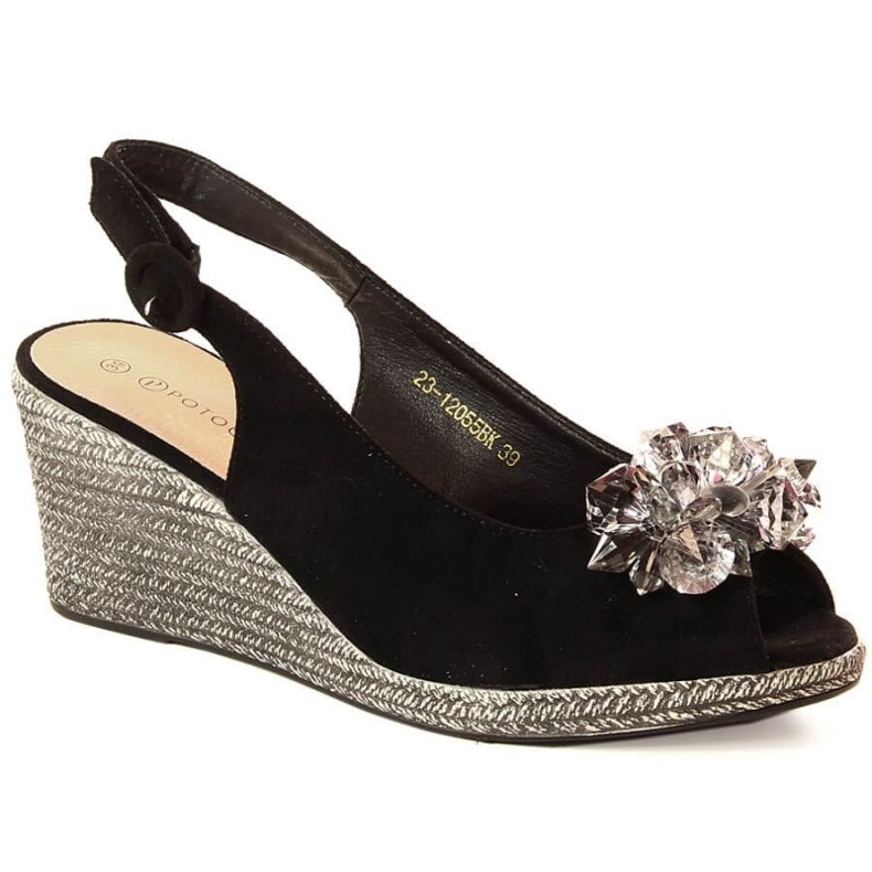 Semišové sandály na klínku s krystaly Potocki W WOL137A černá