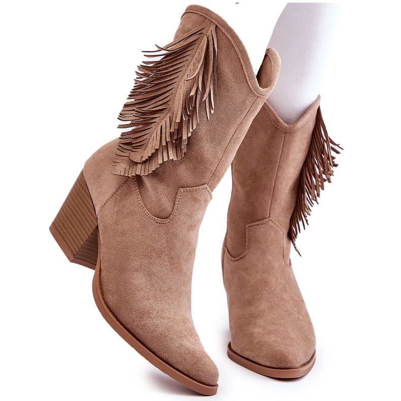 S.Barski Dámské nízké semišové kovbojské boty s třásněmi, béžová béžový