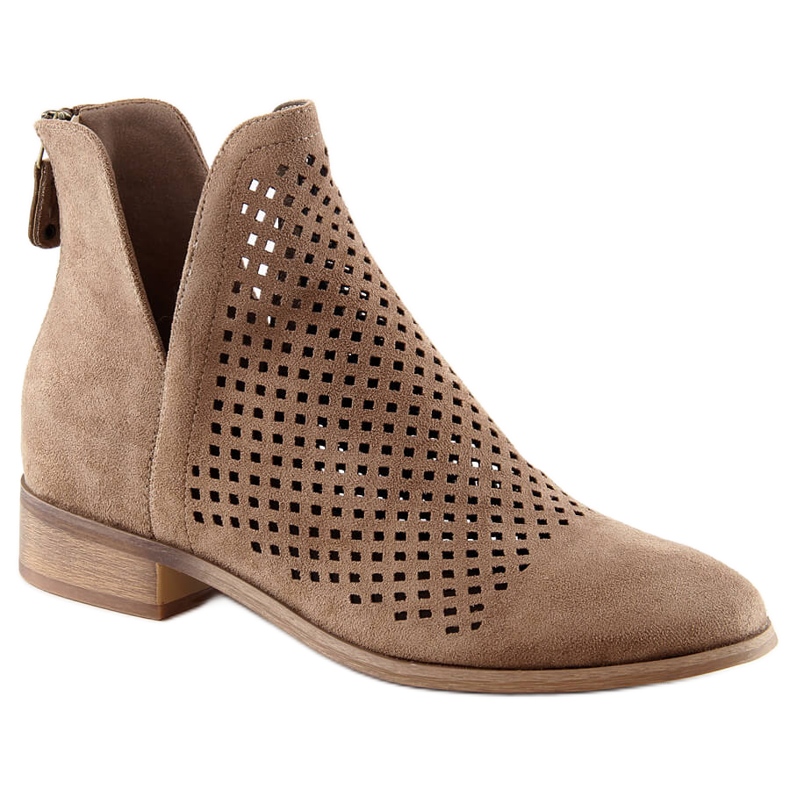 Dámské semišové prolamované béžové kozačky Potocki SZ12107 béžový