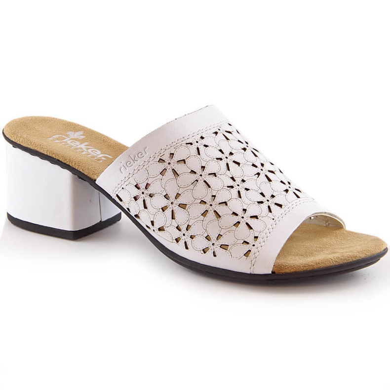 Kožené dámské prolamované sandály na podpatku v bílé barvě Rieker 64681-80 bílý
