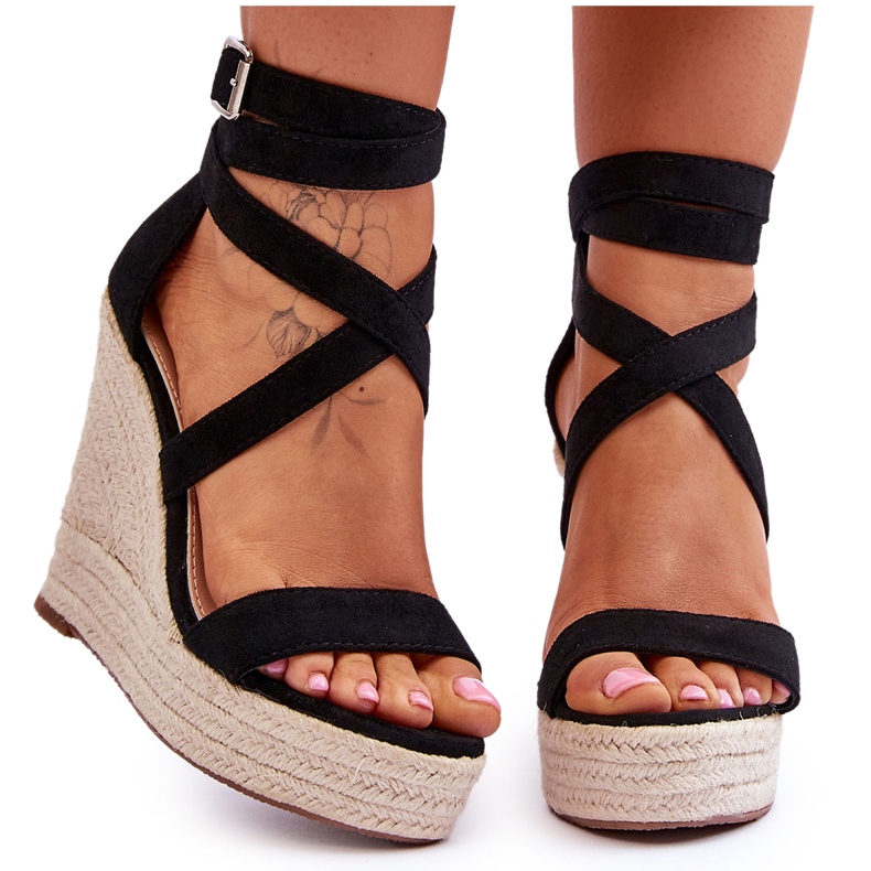 FJ1 Pohodlné Sandály Na Vysokém Klínu Černá Lemira