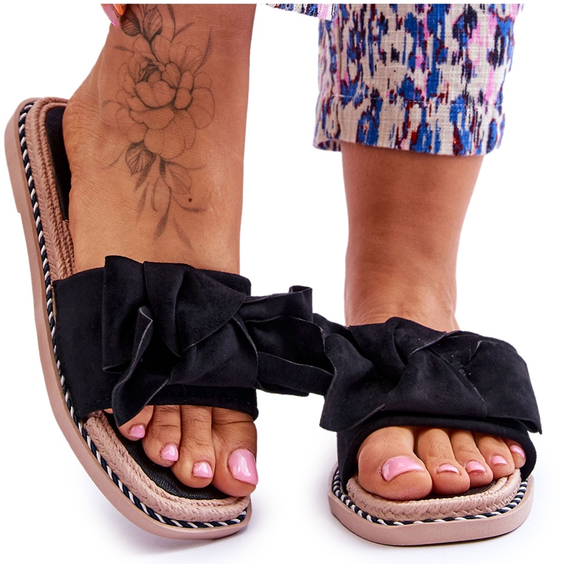 Semišové dámské pantofle s mašlí Černá jantarová