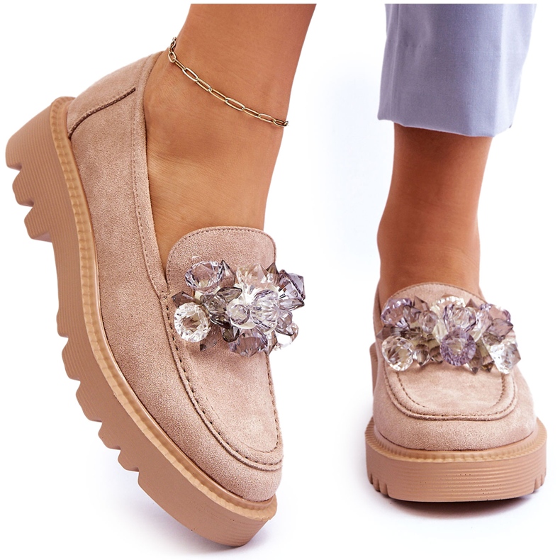 Vinceza Módní semišové mokasíny s krystaly béžové Demeris béžový