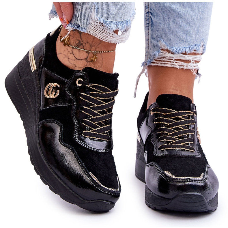 S.Barski Dámské kožené sportovní boty na klínku Černá Rebeca