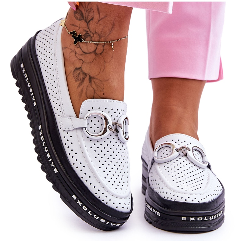 S.Barski Klasické prolamované kožené mokasíny s bílou Rendy dekorací bílý