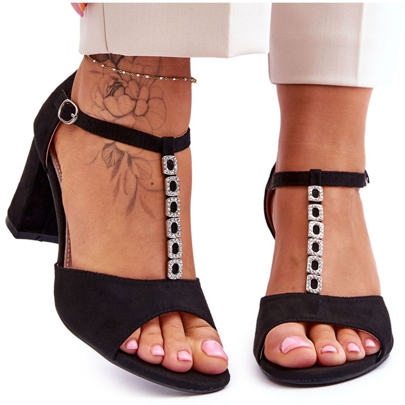 S.Barski Dámské semišové sandály na podpatku černé květy černá