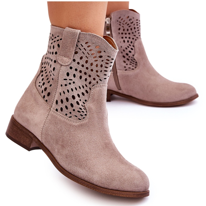 Lewski Shoes Dámské semišové prolamované boty Leski Boty 3301 Cappuccino hnědý