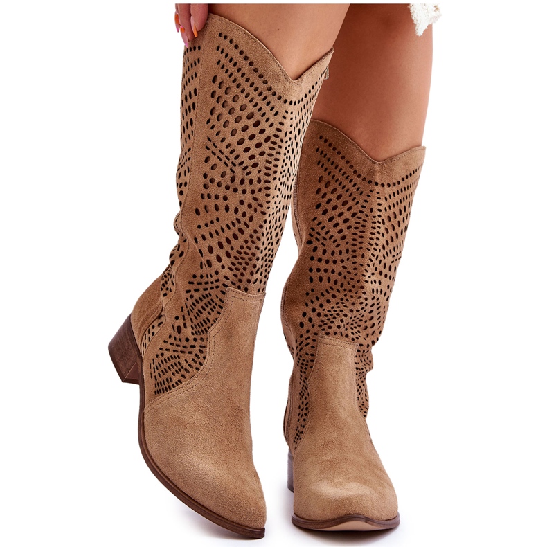 Lewski Shoes Semišové kovbojské boty Before The Knee Boty Leewski 3305 Béžová hnědý