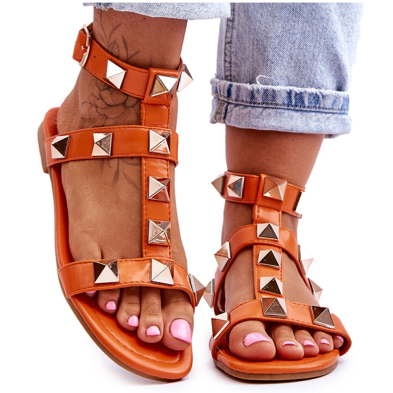 Dámské kožené sandály s velkými cvočky oranžová Mishigan oranžový