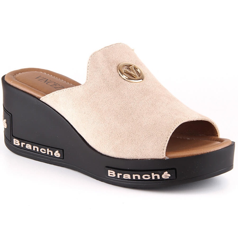 Dámské béžové semišové pantofle na klínku Vinceza 10907 béžový