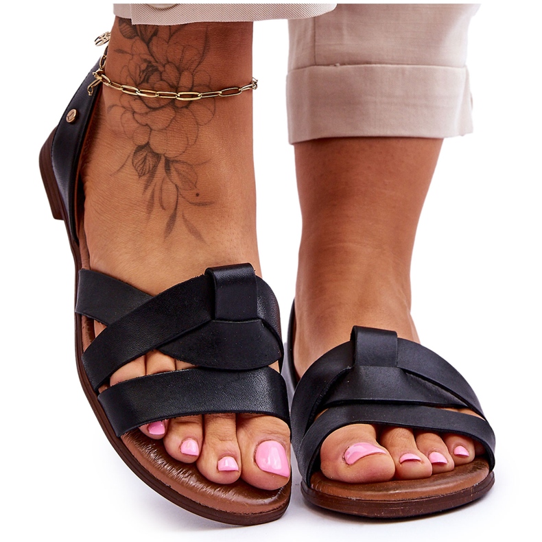 Zazoo Pohodlné černé kožené nazouvací sandály Kayla černá