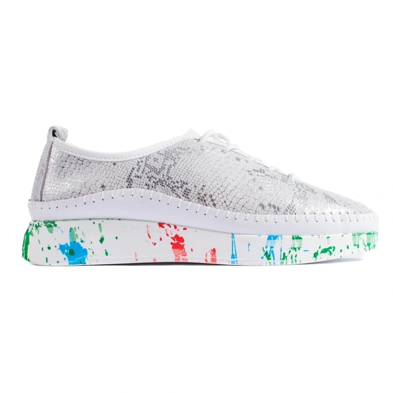 Dámské stříbrné kožené boty s barevnou platformou Shelovet stříbrný