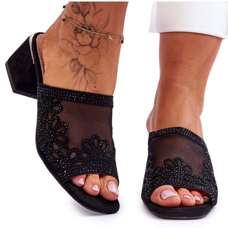 Pantofle na podpatku se síťovinou S.Barski KV-612-1 Black černá Pantofle na podpatku se síťovinou S.Barski KV-612-1 Black černá