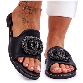 Dámské ploché pantofle s ozdobami S.Barski KV-520-3 Black černý