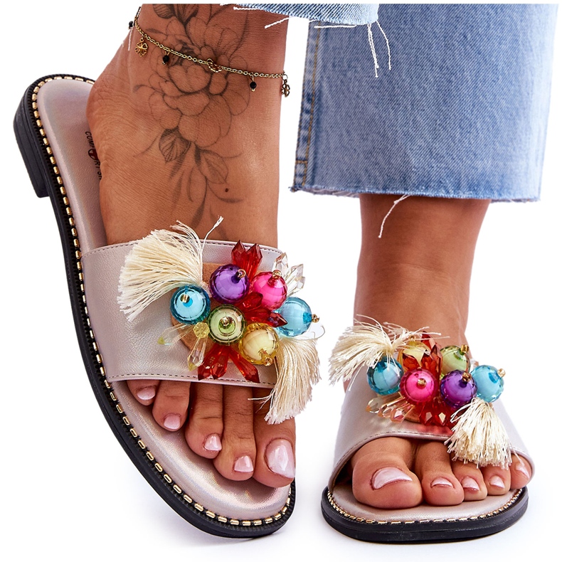 Pantofle s ozdobnými korálky S.Barski KV-2775-47 Nude béžový