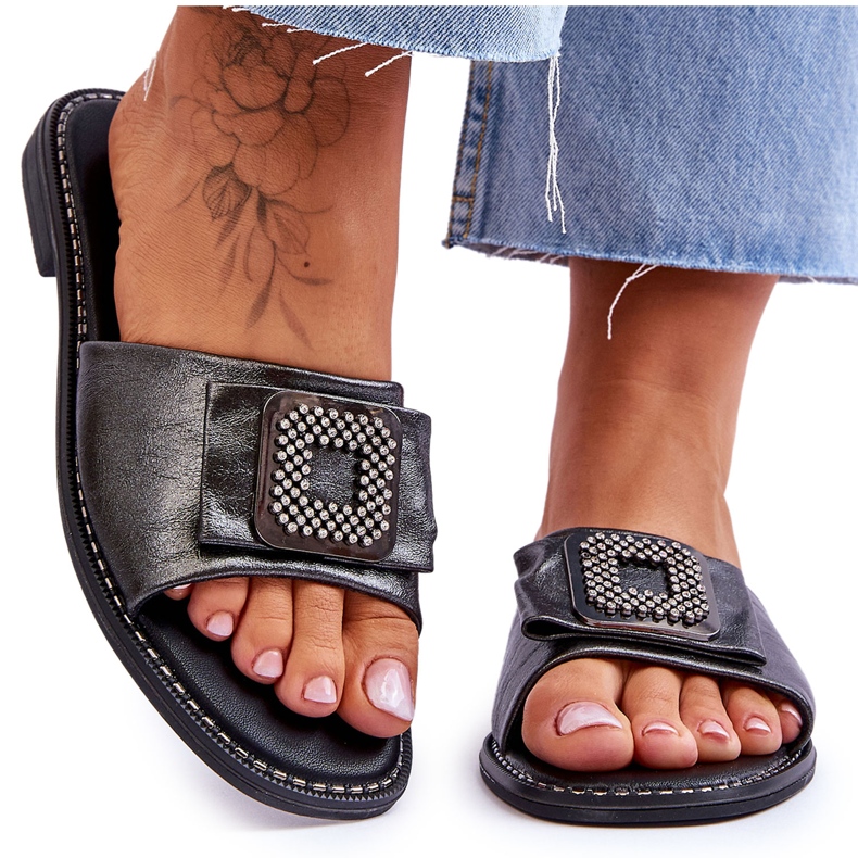 Dámské kožené pantofle s kamínky S.Barski KV-2775-33 tmavě stříbrná stříbrný