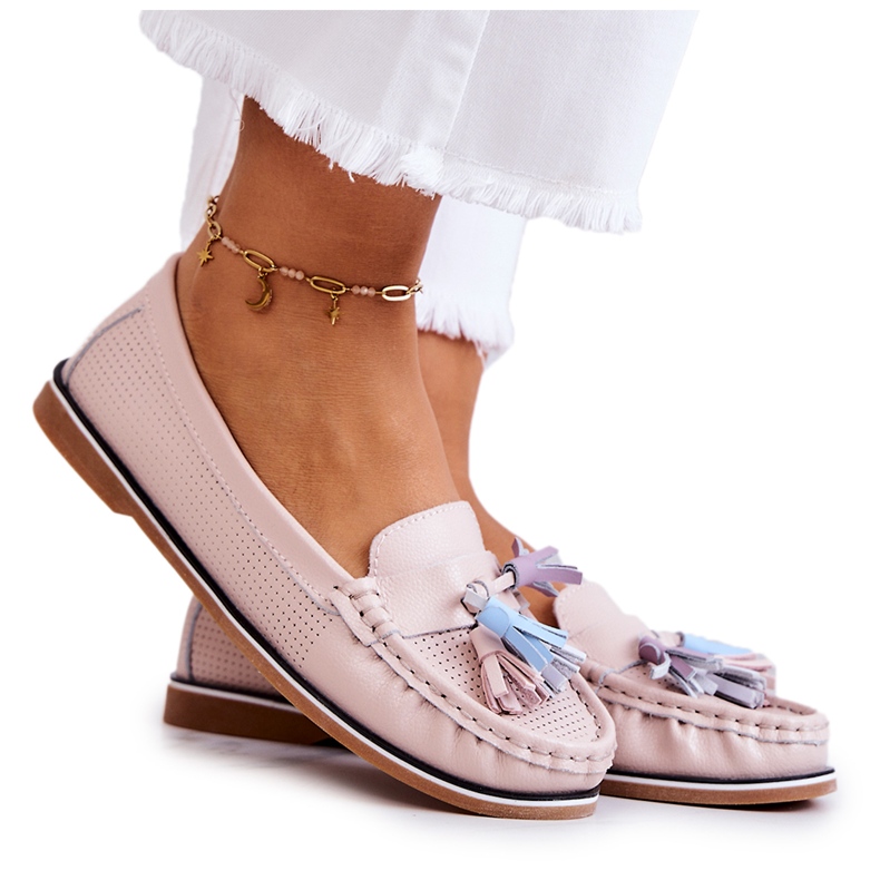 Evento Dámské kožené mokasíny s třásněmi růžové Laressa růžový