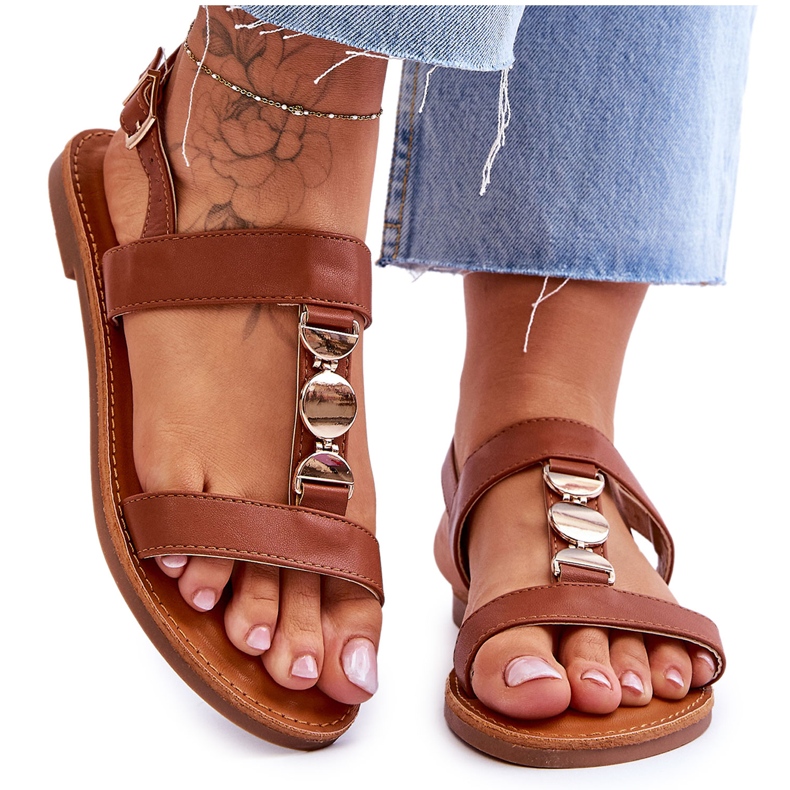 Dámské ploché sandály s ozdobným páskem hnědé bobule hnědý