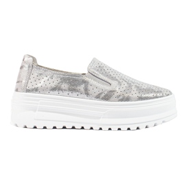Dámské stříbrné slip on kožené boty Shelovet stříbro