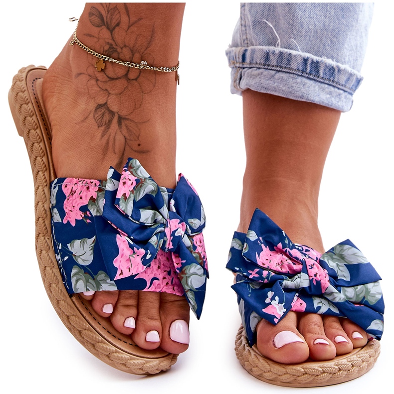 FK1 Dámské pantofle s látkovou mašlí navy Blue Blossom modrý