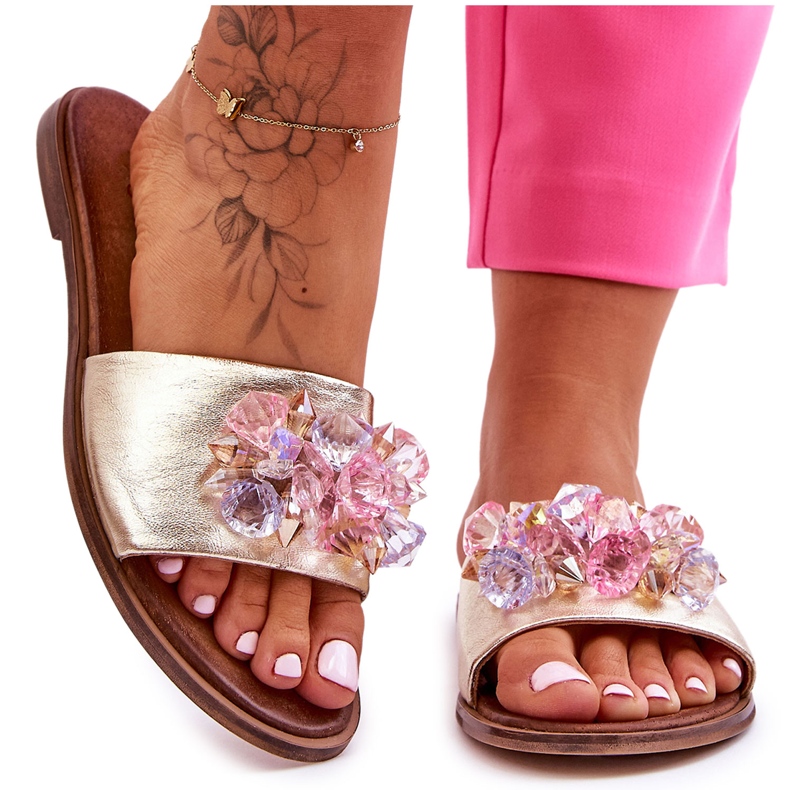 Kožené dámské pantofle s ozdobou Nicole 2726/064 Gold zlatý