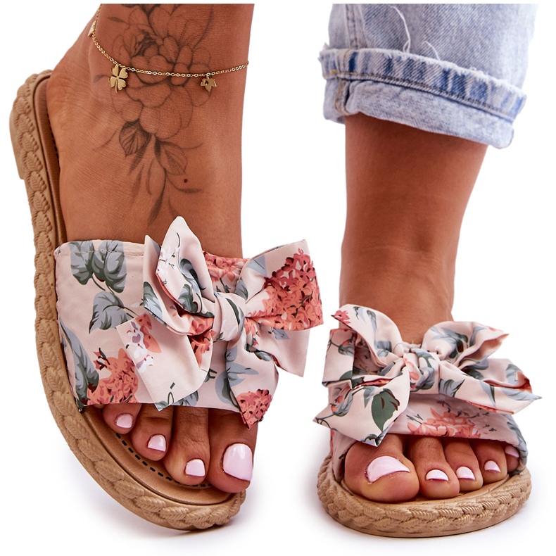 Dámské Pantofle S Látkovou Mašlí Béžový Květ