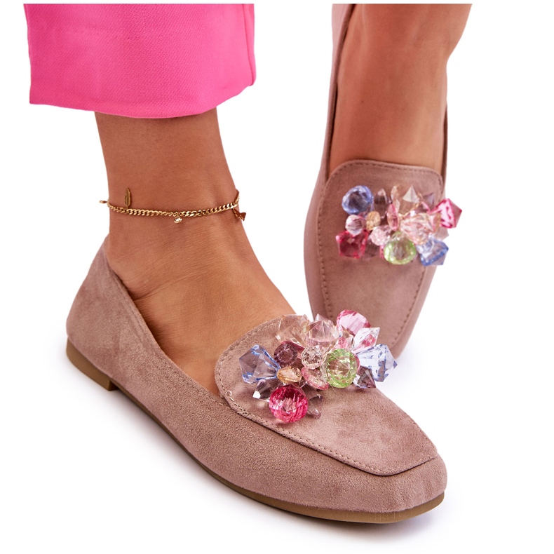 PS1 Semišové mokasíny s dekorativními krystaly Tmavě béžová Arvilla béžový