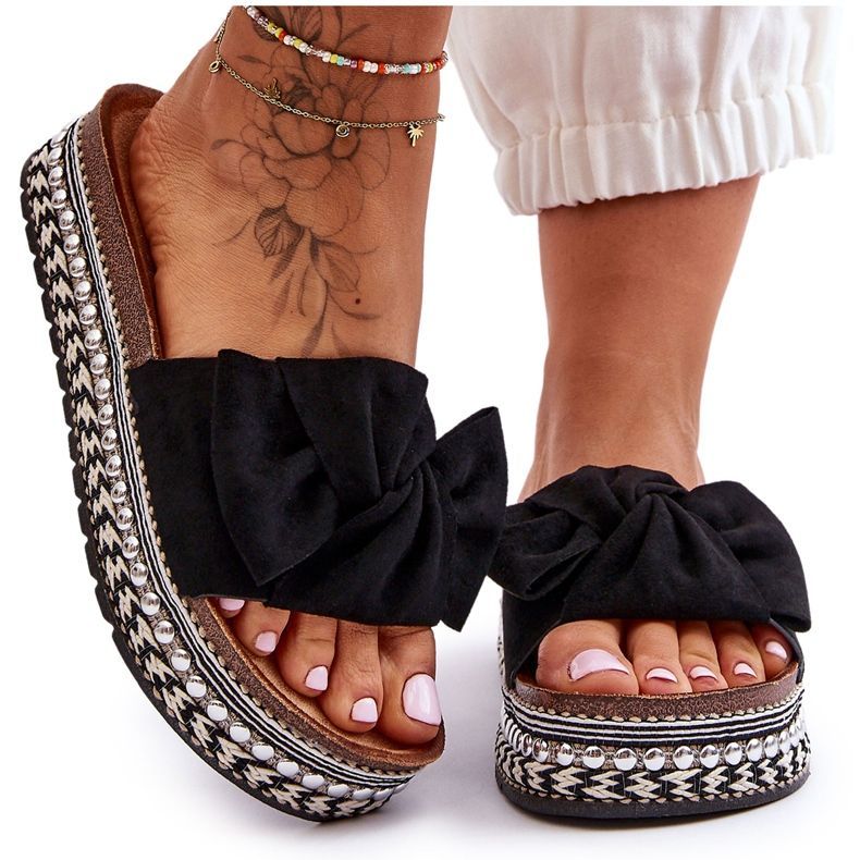 Dámské semišové pantofle s mašlí Černá Lauria Dámské semišové pantofle s mašlí Černá Lauria