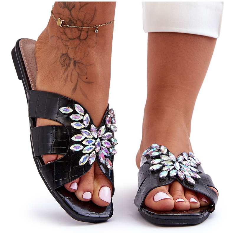 Pantofle s ozdobnými kamínky S.Barski 617-22 Black černá