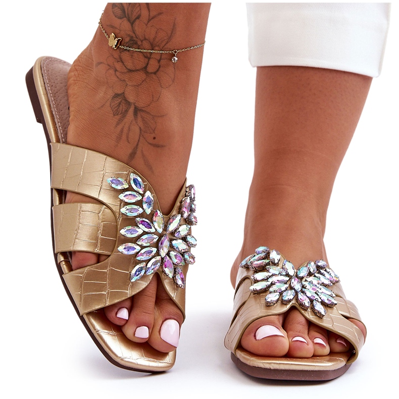 Pantofle s ozdobnými kamínky S.Barski 617-22 Gold zlatý