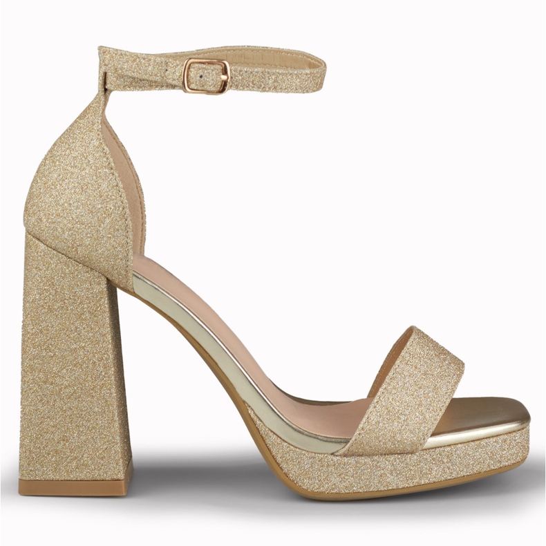 Zlaté lesklé sandály na širokém vysokém podpatku zlatý