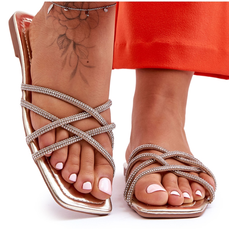 Dámské pantofle s pruhy A kamínky Zlatý Leomi Dámské pantofle s pruhy A kamínky Zlatý Leomi