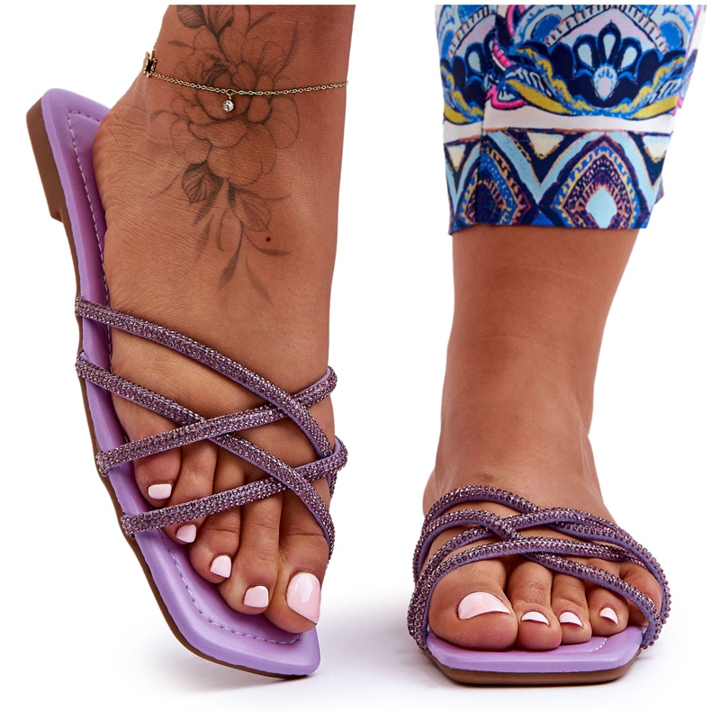 Dámské pantofle s pruhy a drahokamy Fialová Leomi fialový Dámské pantofle s pruhy a drahokamy Fialová Leomi fialový