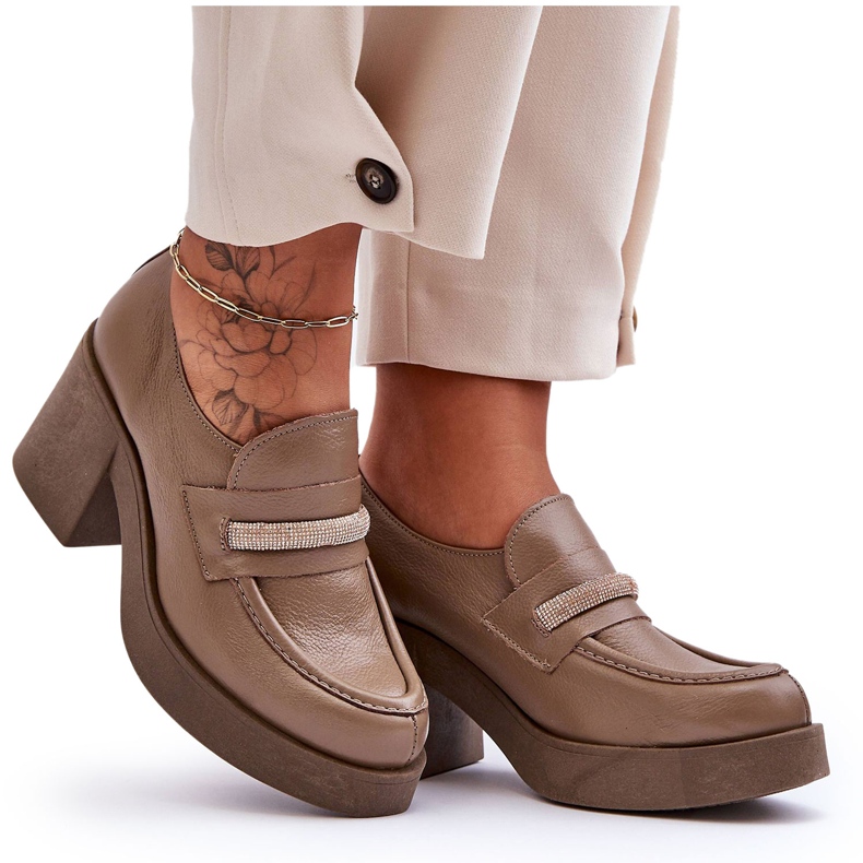 Lemar Kožené kalhoty Na Podpatku S Dekorací Tmavě Béžová Gelanor béžový