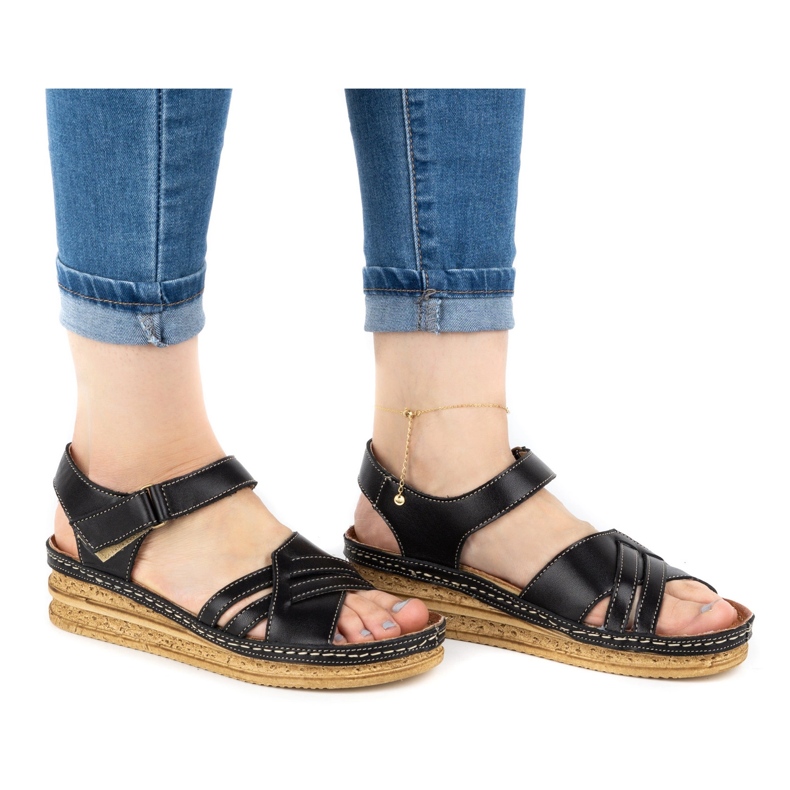 WASAK Pohodlné dámské kožené sandály 0658W černé černá