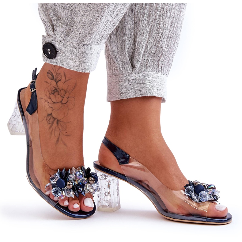 Sandály zdobené tmavě modrými podpatky S.Barski MR1037-16 bezbarvý