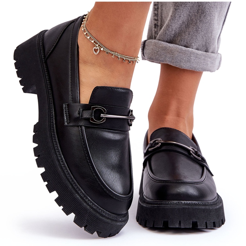 PE1 Dámské kožené mokasíny na platformě černé Detes černá