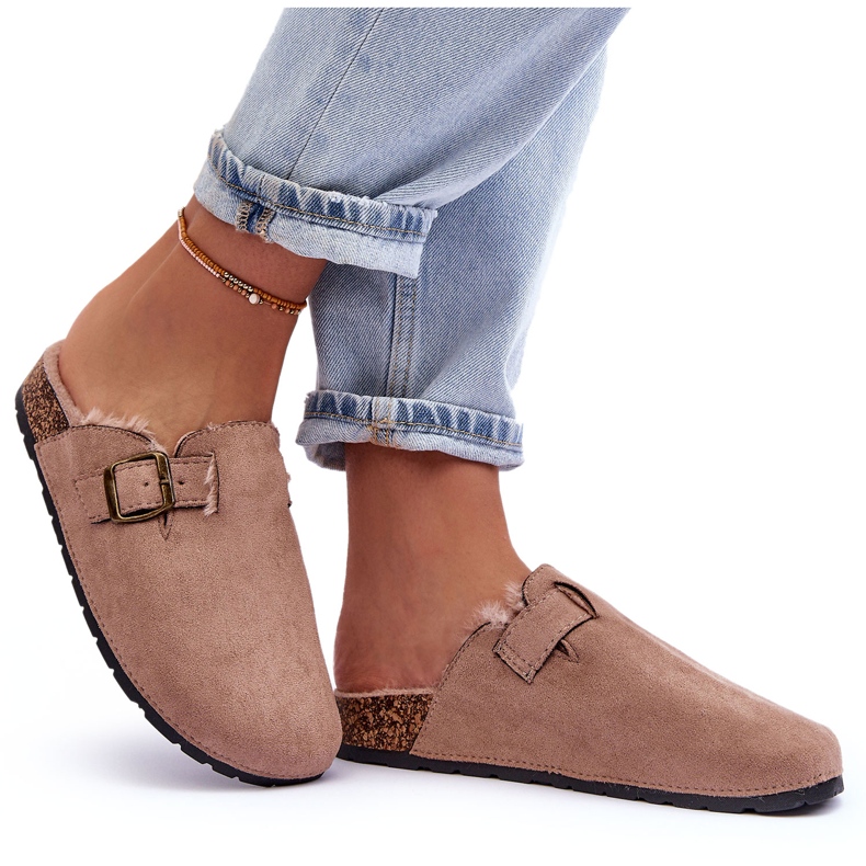 Béžové dámské semišové žabky s kožešinou Haidamia béžový