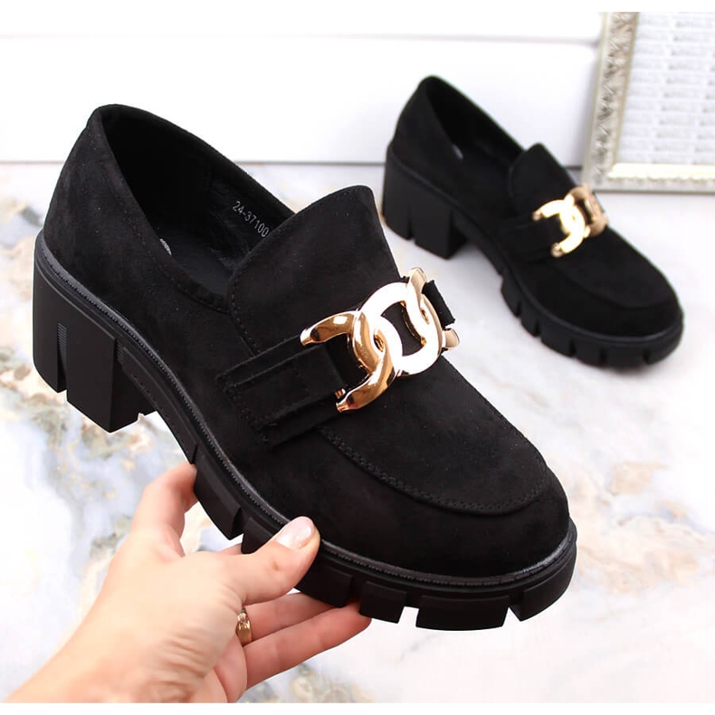 Semišové dámské mokasíny na vysokém podpatku, černá Vinceza