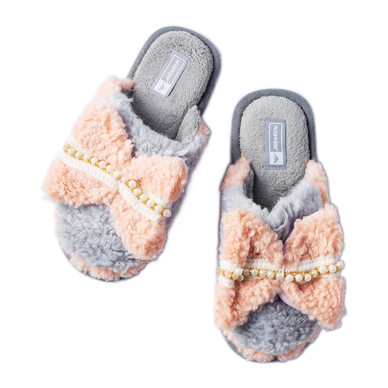 Šedé a růžové pantofle s mašlí šedá