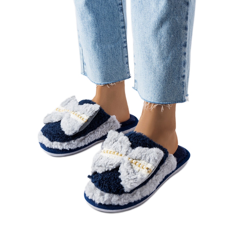 Námořnické modré a šedé pantofle s mašlí modrý