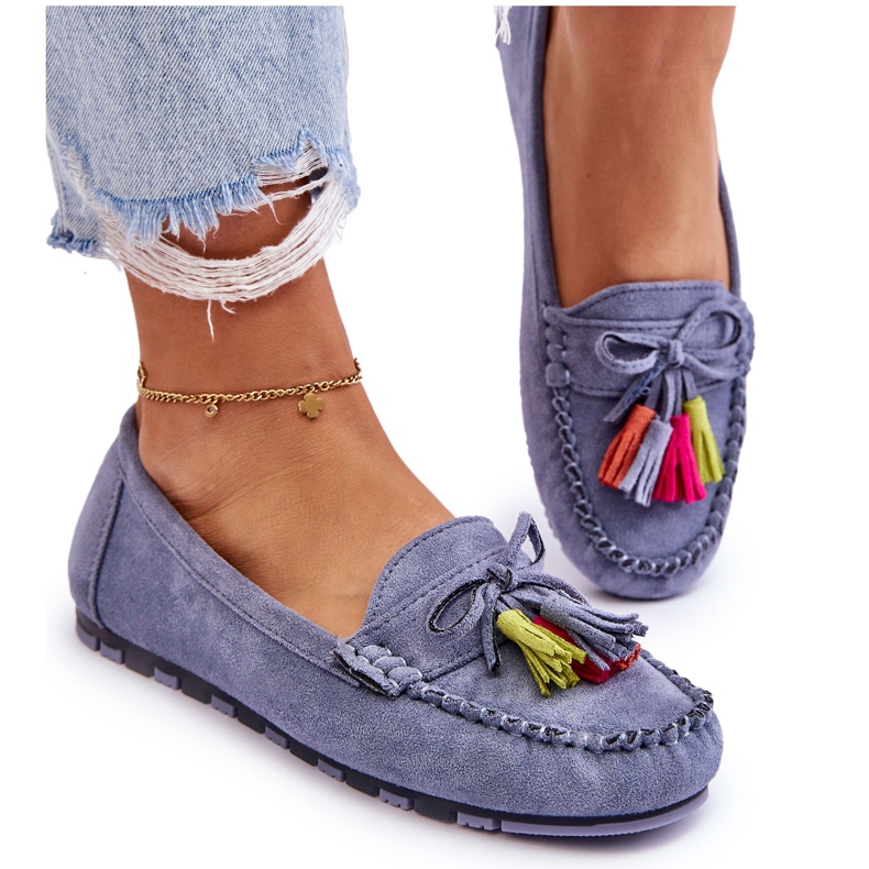 Modré semišové mokasíny s mašlí a třásněmi modrý
