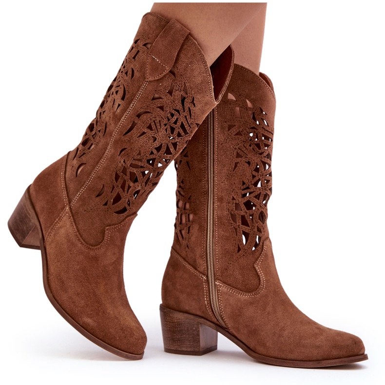 Lewski Shoes Semišové prolamované kovbojské boty Brown Lewski 3320 hnědý
