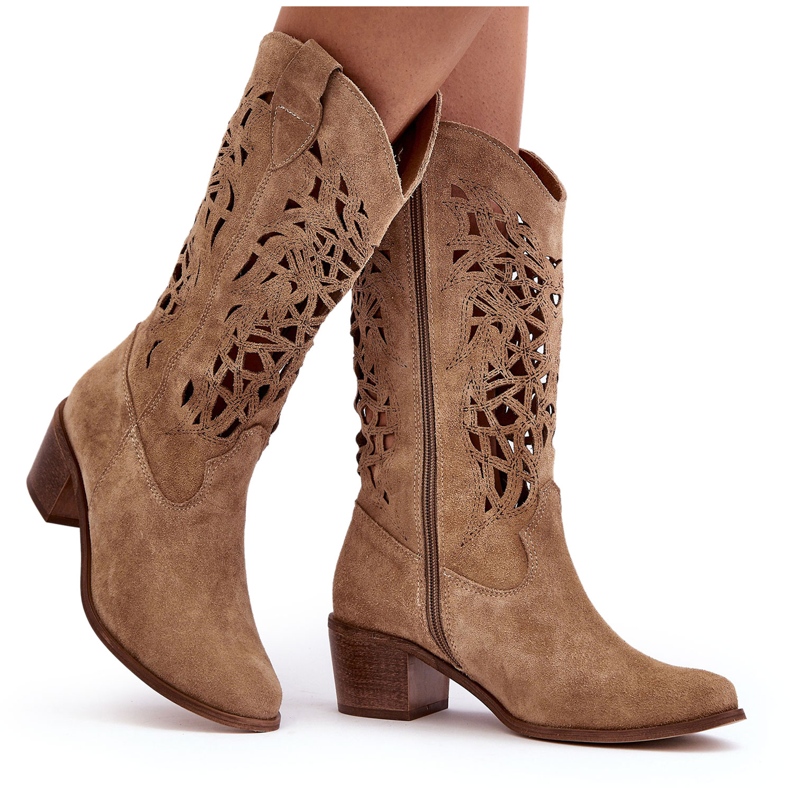 Lewski Shoes Semišové prolamované kovbojské boty Beige Lewski 3320 béžový