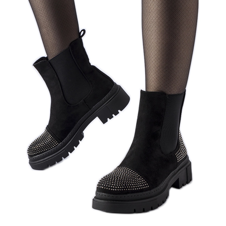 Černé kotníkové boty s eko-semišovými zirkony Grinzane černá