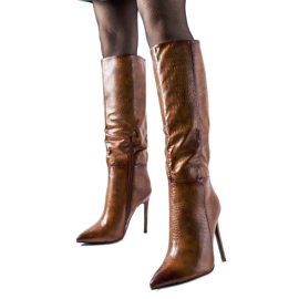 Hnědé zateplené boty na vysokém podpatku Serpent hnědý