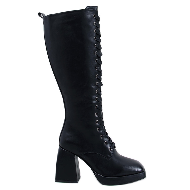 Středa Černé šněrovací kozačky na širokém podpatku černá Středa Černé šněrovací kozačky na širokém podpatku černá